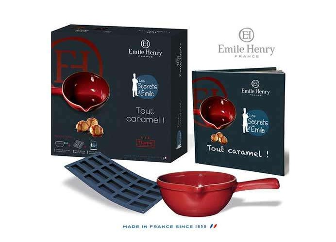 Cazo para caramelo rojo, molde y libro de recetas Emile Henry